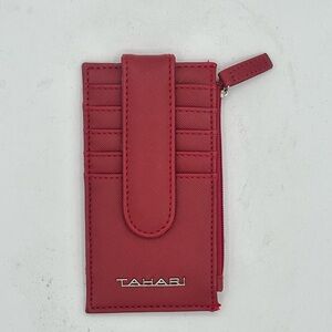 Tahari Red faux leather card holder wallet with a snap closure and zip pocket